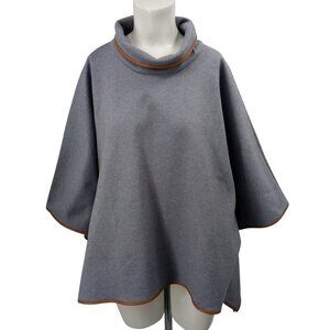 Tuckernuck Piper Blue Gray Brown Poncho One Size Cape Leather Trim Funnel Neck